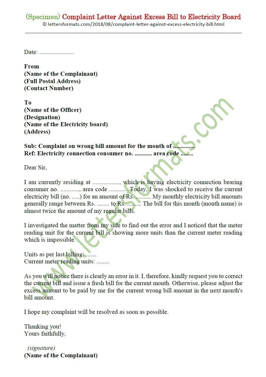 Sample Complaint Letter Against Excess Bill to Electricity Board
