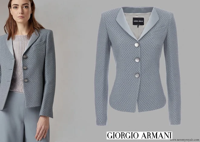 Queen Mathilde wore Giorgio Armani checkerboard jacquard jacket in Blue