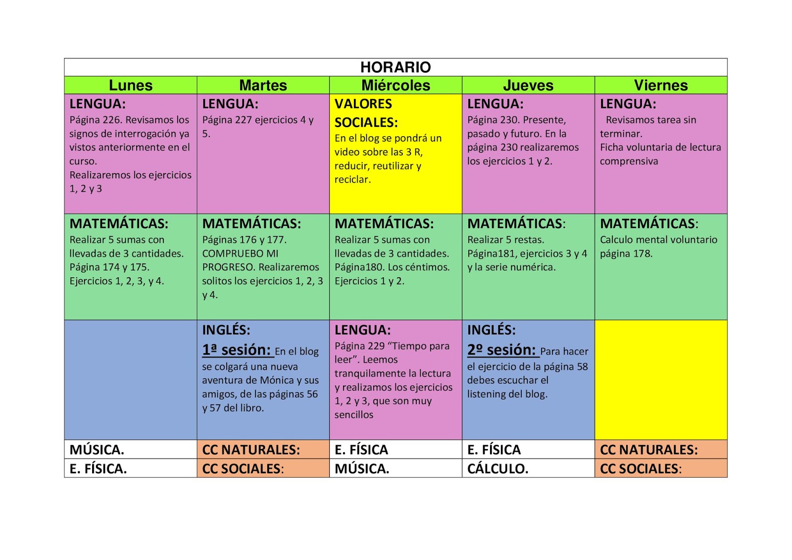 Mi caja de canicas. HORARIO DE