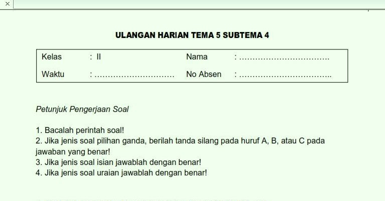 Soal Ulangan Harian K 13 Kelas 2 Tema 5 Subtema 4 Jihan Plasma