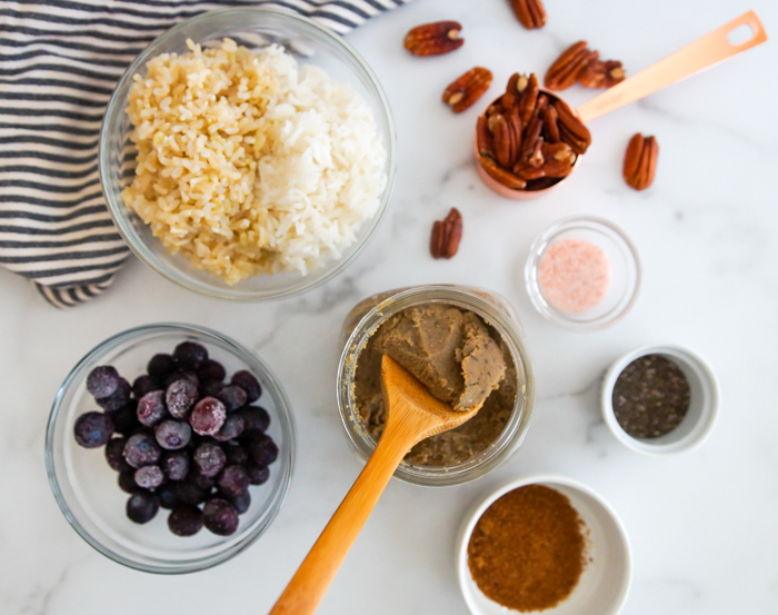 blueberry and salted pecan breakfast grain bowl