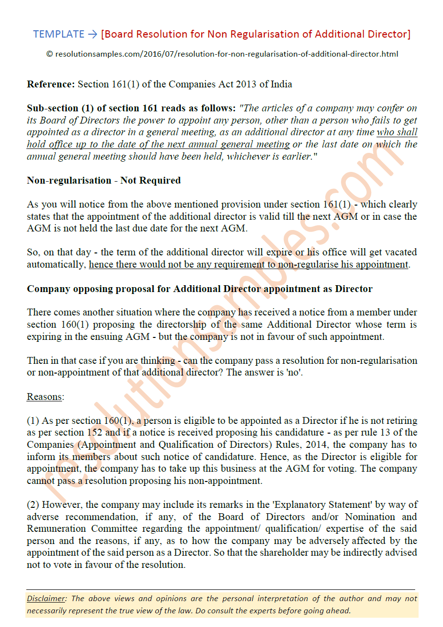 Board Resolution for Non Regularisation of Additional Director