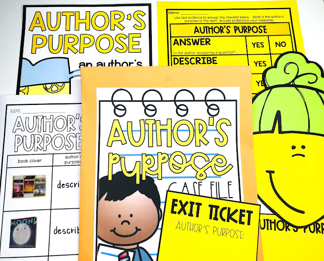 Author's purpose anchor chart, author's purpose activities, printables, and more!  Tips and tricks for teaching students to determine the author's main purpose for writing a text, including what an author want to answer, explain, or describe.