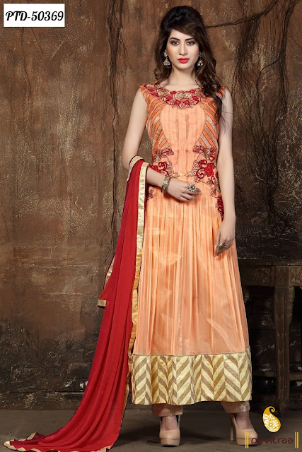 Purchase beautiful orange chiffon designer anarkali  salwar suit online in discount rate at pavitraa.in