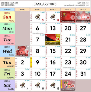 KALENDAR KUDA DAN CUTI PERSEKOLAHAN JANUARI TAHUN 2020