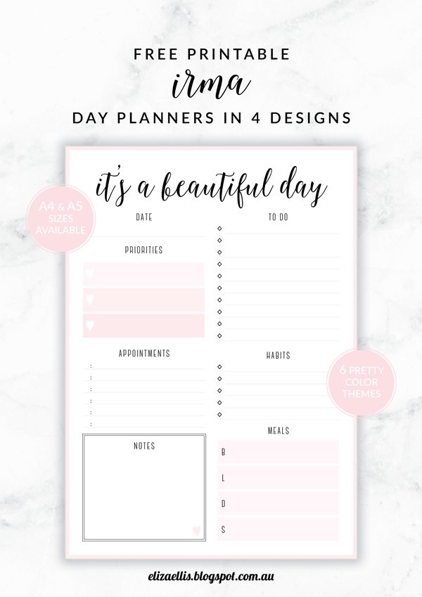 Free Printable Irma Daily Planners by Eliza Ellis - available in 6 colors.