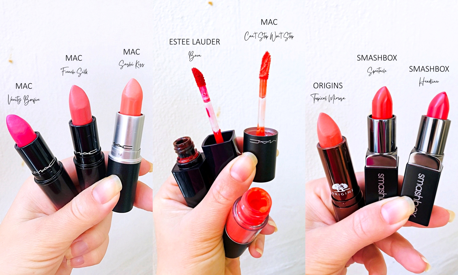 Favorite MAC Smashbox Origins Estee Lauder pink & orange lipstics swatches