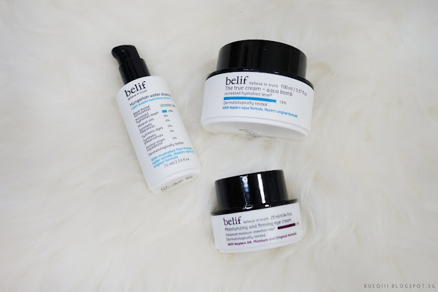 Belif Hungarian Water Essence, The True Cream Aqua Bomb, and Moisturizing and Firming Eye Cream