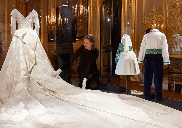 Princess Eugenie wore Zac Posen evening gown. Greville Emerald Kokoshnik Tiara, Peter Pilotto wedding dress