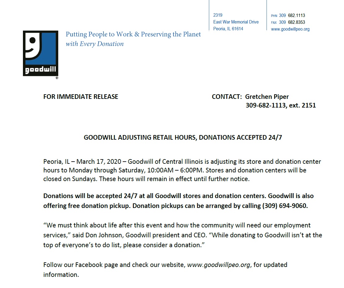 Goodwill Adjusting Retail Hours, Donations Accepted 24/7