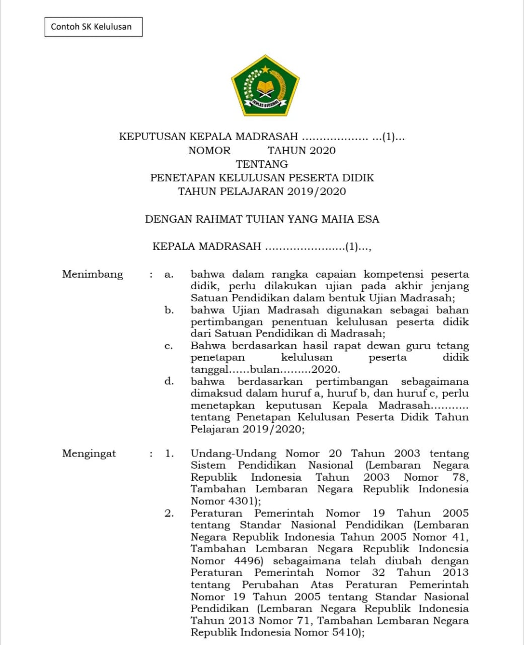 Free Download Contoh Sk Kelulusan Siswa Tahun Pelajaran 2019 2020 Madrasah Muba