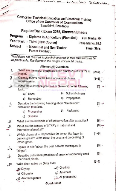 Medicinal and Non Timber Forest Product - 3rd Year Question Papers CTEVT | Diploma in Agriculture (Animal / Plant Science)