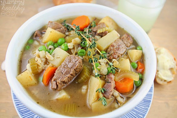 Amazing slow cooker soup full of tender vegetables, beef and flavorful broth