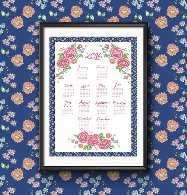 2016 calendar tea towel digital print etsy spoonflower retro floral blue
