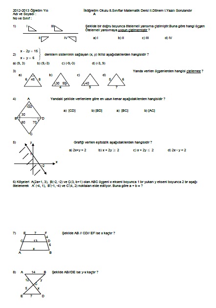 8.SINIF MATEMATİK 2.DÖNEM 1.YAZILI SORULARI - İlköğretim Matematik