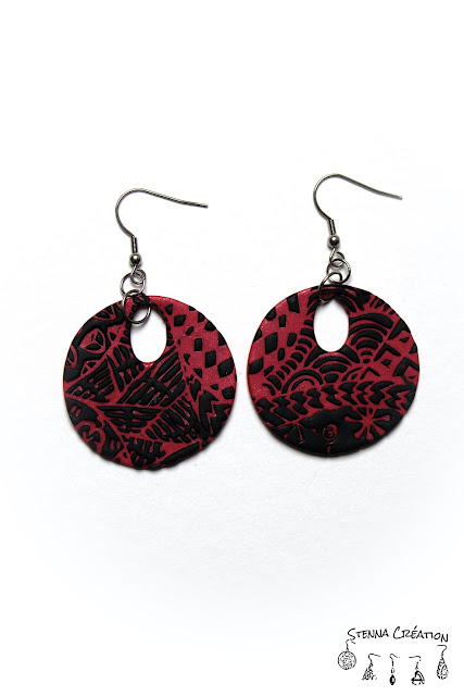 Boucles oreilles pâte polymère Sutton Slice Mica Shift noir rouge Stenna Création Fimo