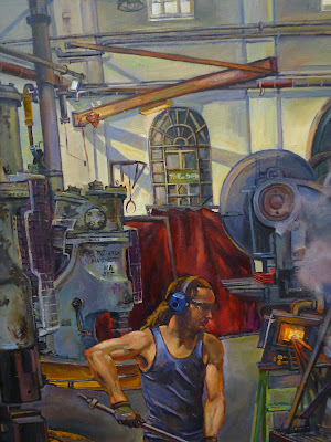 Oil painting of blacksmith in the Australian Technology Park, Eveleigh Railway Workshops painted by industrial heritage artist Jane Bennett