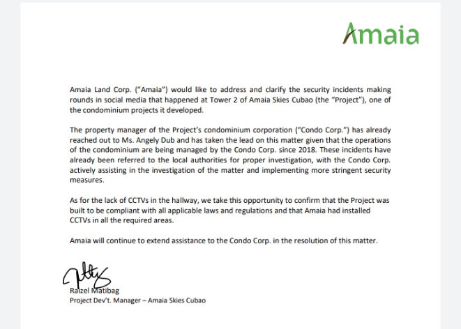 Amaia Land Corp. Official Statement