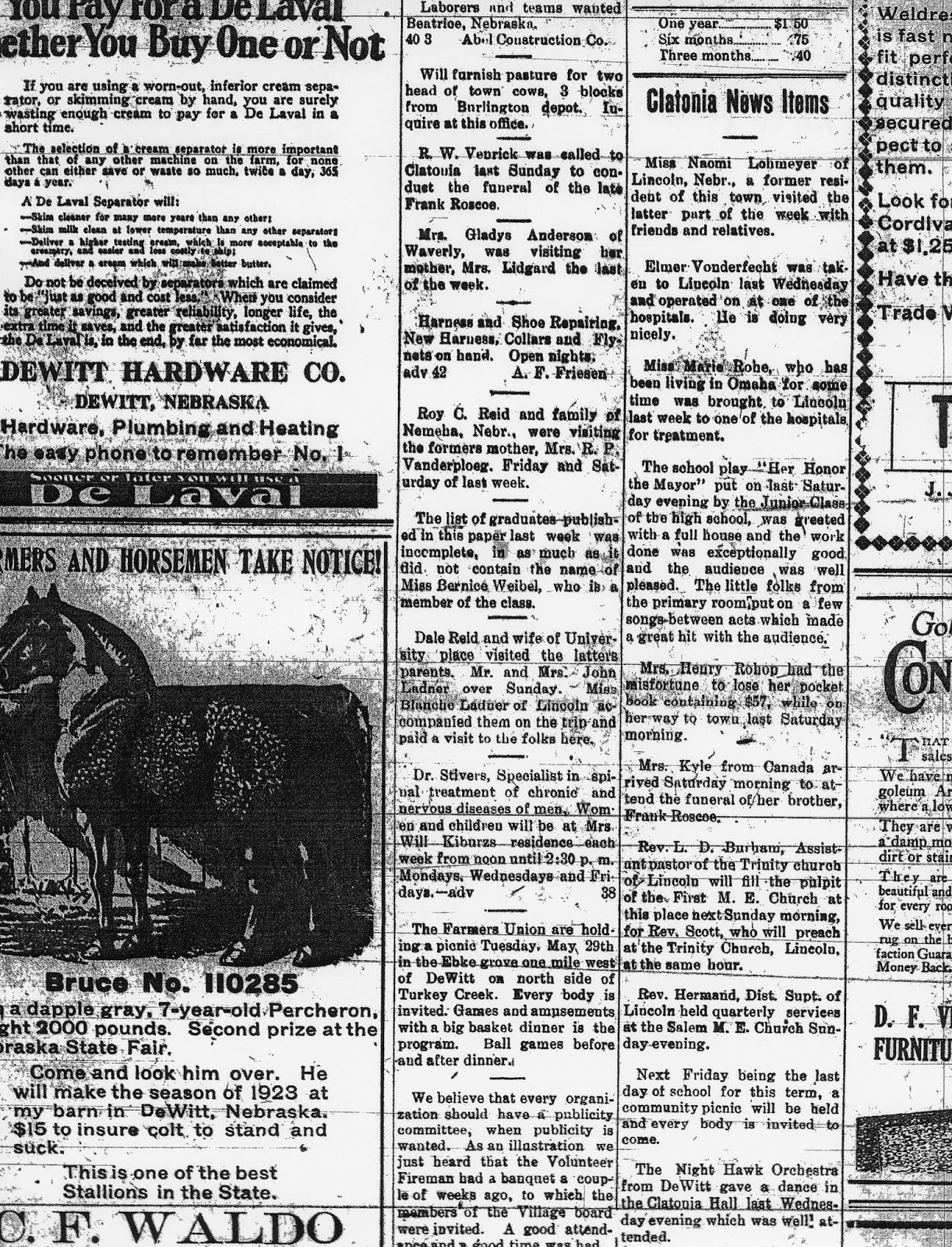 The Old Trunk in the Attic Newspaper Clippings DeWitt, Nebraska, 1923