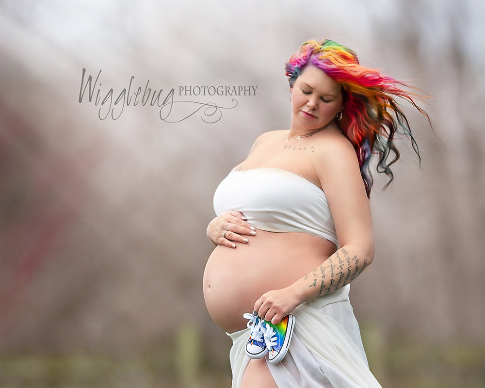 Amazing outdoor rainbow maternity session with smoke bombs and rainbow hair DeKalb Sycamore IL 