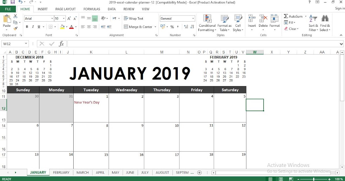 2019 Excel Calendar Template Software engineering