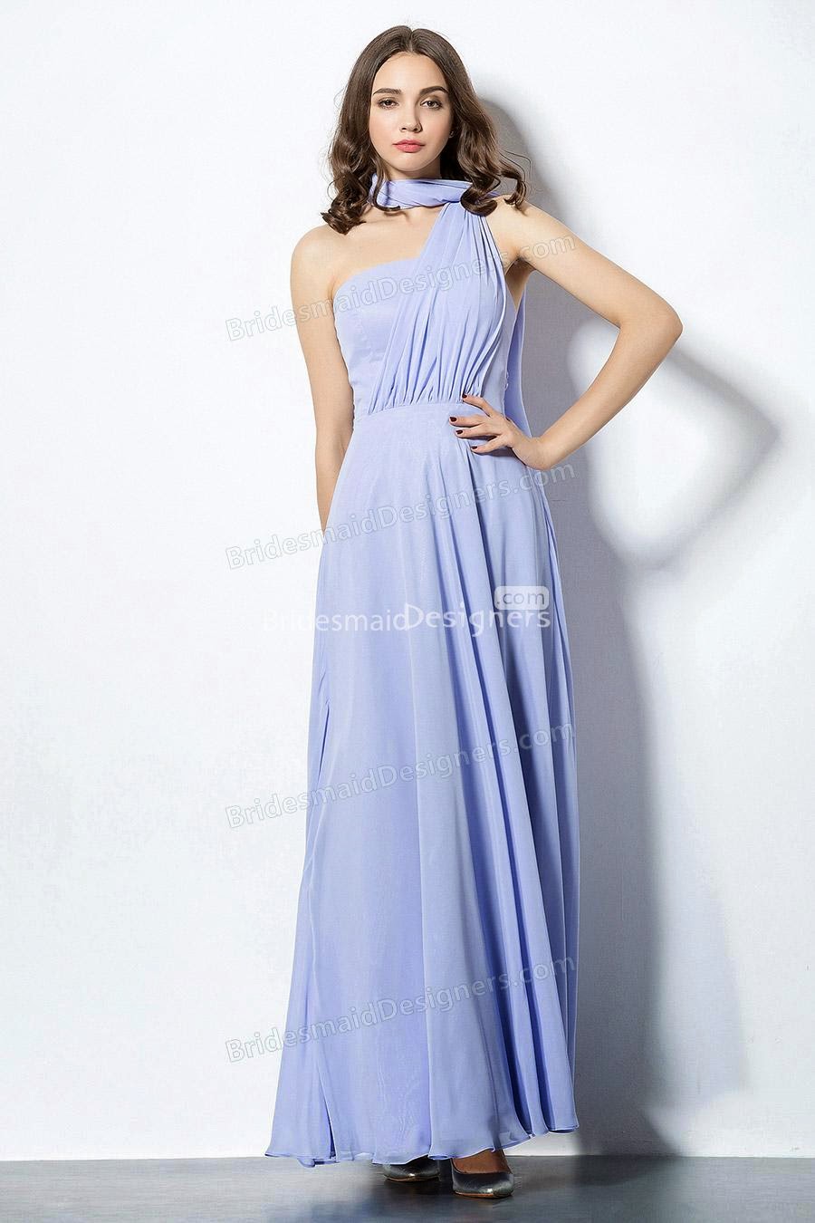 Lavender Asymmetrical One Shoulder Long Chiffon Bridesmaid Dress with Streamer
