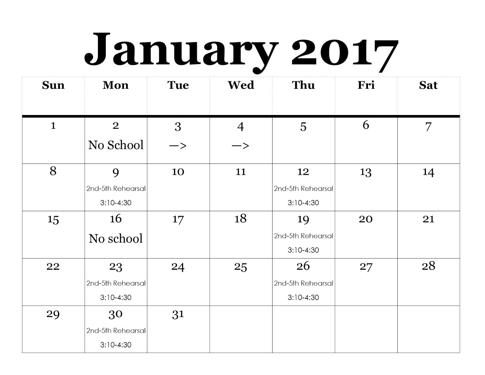 Calendar 2nd-5th grade