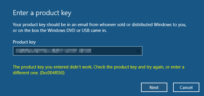 La clave de producto que ingresó no funcionó, Error 0xC004F050