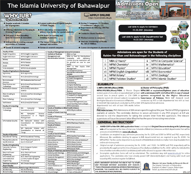 Online Apply IUB Postgraduate MPhil/MS/MSc(Hons)/MBA & PhD Admissions in Spring-2021 Online Apply IUB Postgraduate MPhil/MS/MSc(Hons)/MBA & PhD Admissions in Spring-2021