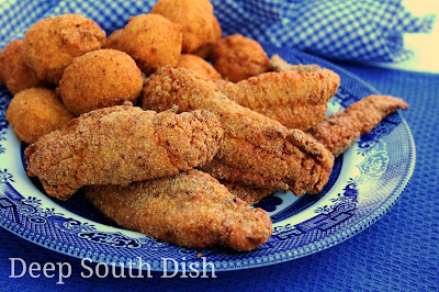 Deep fried, crispy strips of catfish, coated in a mixture of corn meal and flour, are a true deep south favorite.