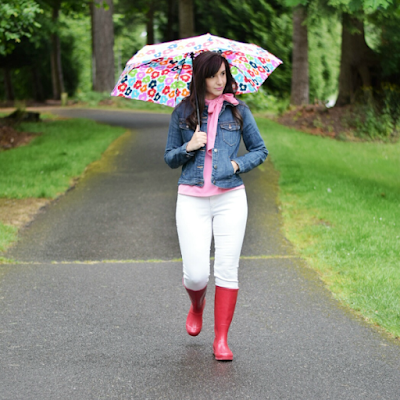 Denim Jacket, Red rainboots, and Pink Bow Chicwish Top