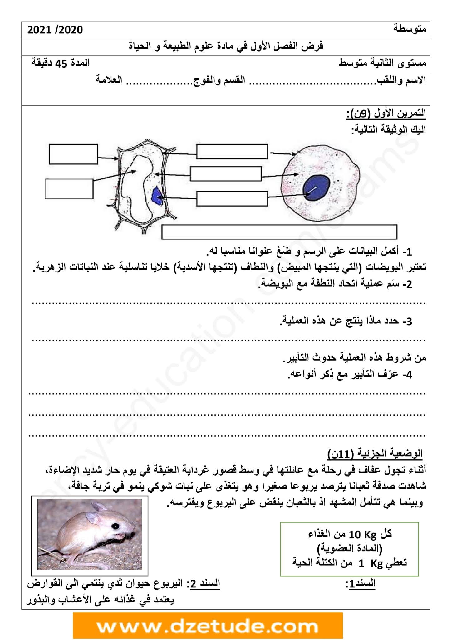 فرض العلوم الطبيعية الفصل الأول للسنة الثانية متوسط - الجيل الثاني نموذج 10