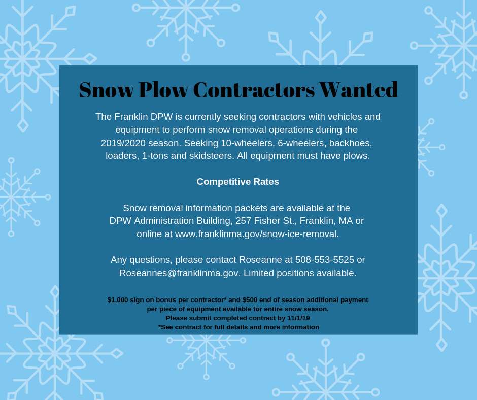 Franklin Matters Snow Plow Contractors Wanted for Franklin, MA
