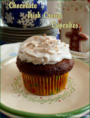 Chocolate Irish Cream Cupcakes: moist chocolate cupcakes infused with Irish Cream flavor and topped with a cream cheese Irish Cream frosting. | Recipe developed by www.BakingInATornado.com | #recipe #dessert