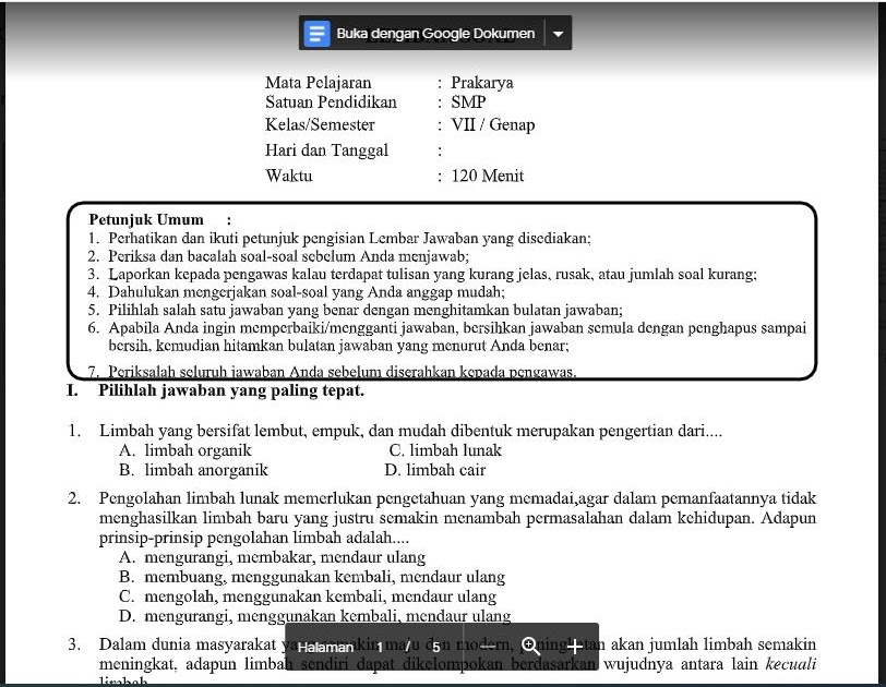 Soal Dan Kunci Jawaban Pat Prakarya Kelas 7 Kurikulum 2013 Soal Pelajaran