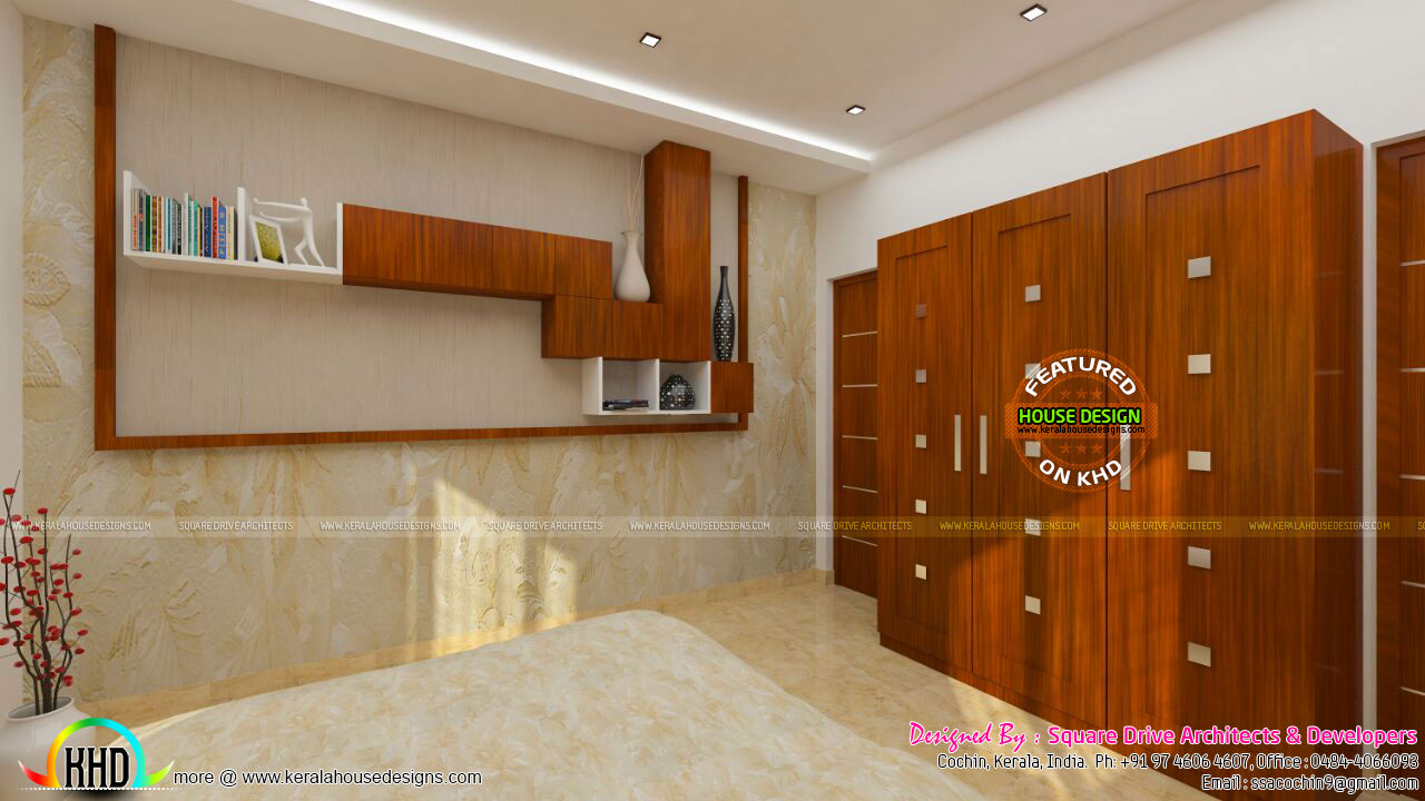 Bedroom wardrobe, dining and stair interior Kerala home design and