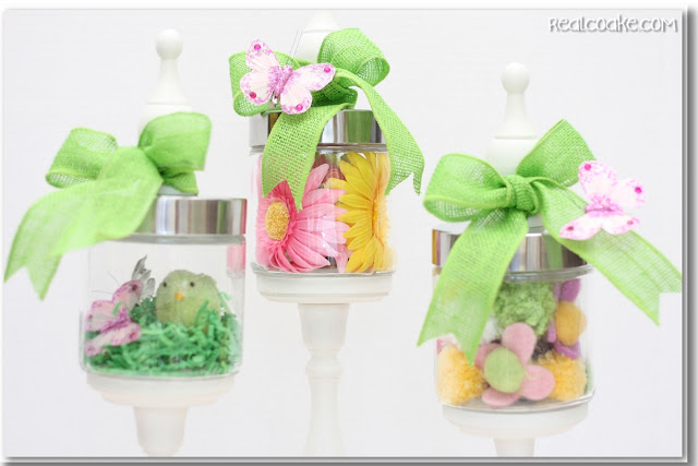 Spring decorating ideas using cute Apothecary Jars. #ApothecaryJars #Spring #Decorating