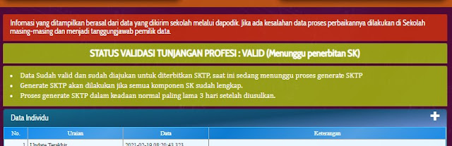 Contoh Status Validasi Tunjangan Profesi sudah VALID (Menunggu penerbitan SK)