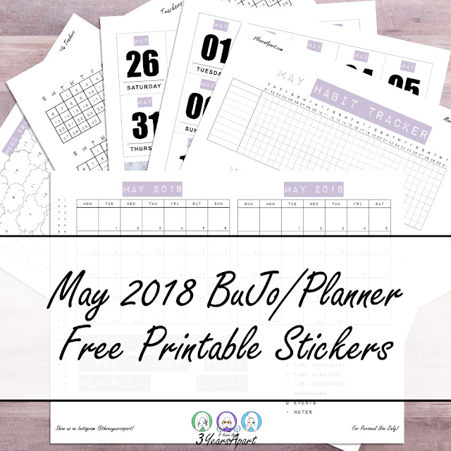 3 Years Apart May 2018 Bullet Journal Calendar, Habit Tracker, Fitness Tracker, Sleep Tracker, Dates, Mood Tracker, Level 10 Life Free Printables