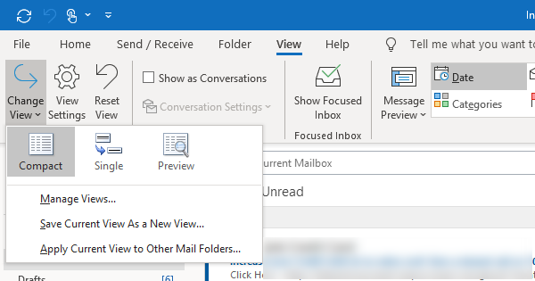 Modifica la visualizzazione Inb0x in Outlook