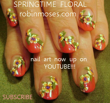 blue flower nail art design, purple flower nail art design, hippie