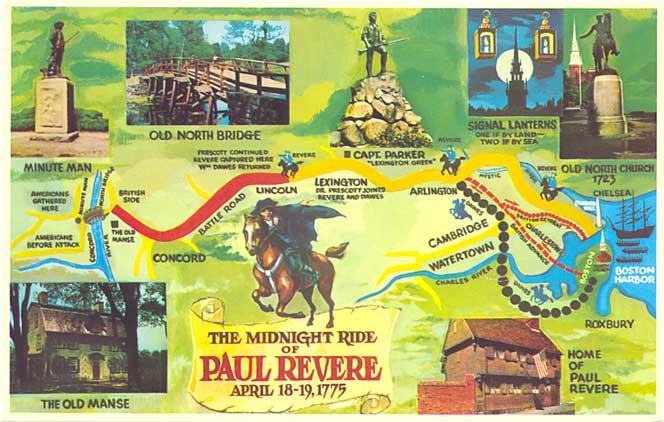 *Postcard Gems: Map: The Midnight Ride of Paul Revere