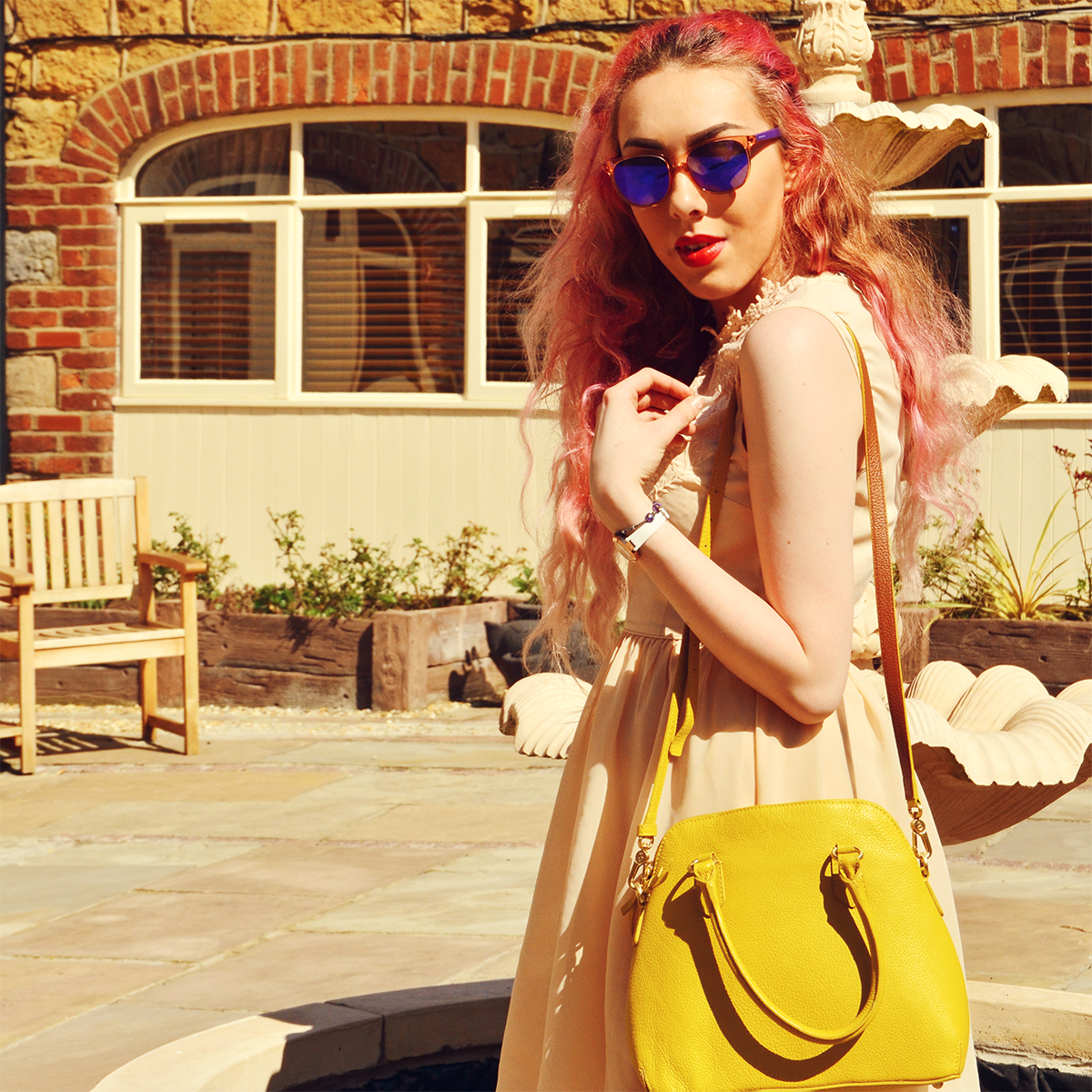Peach, Yellow, Purple and Pink // Stephi LaReine UK Lifestyle Blog Stephi LaReine // Peach Floral Collar Summer Dress // Oasis (old) Sulphur Yellow Leather Bag * // Boden Clothing DKNY Watch * // House Of Watches Beige Lace Up Platform Brogues * // StyleEdit Carrera Purple Mirrored Sunglasses * // Sunglasses Shop