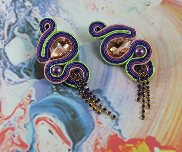 Violet, navy blue and lime soutache earrings, soutache handmade jewelryViolet, navy blue and lime soutache earrings, soutache handmade jewelry