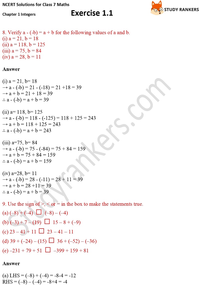 NCERT Solutions for Class 7 Maths Ch 1 Integers Exercise 1.1 4