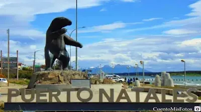 Waterfront of Puerto Natales with Mylodon Monument.