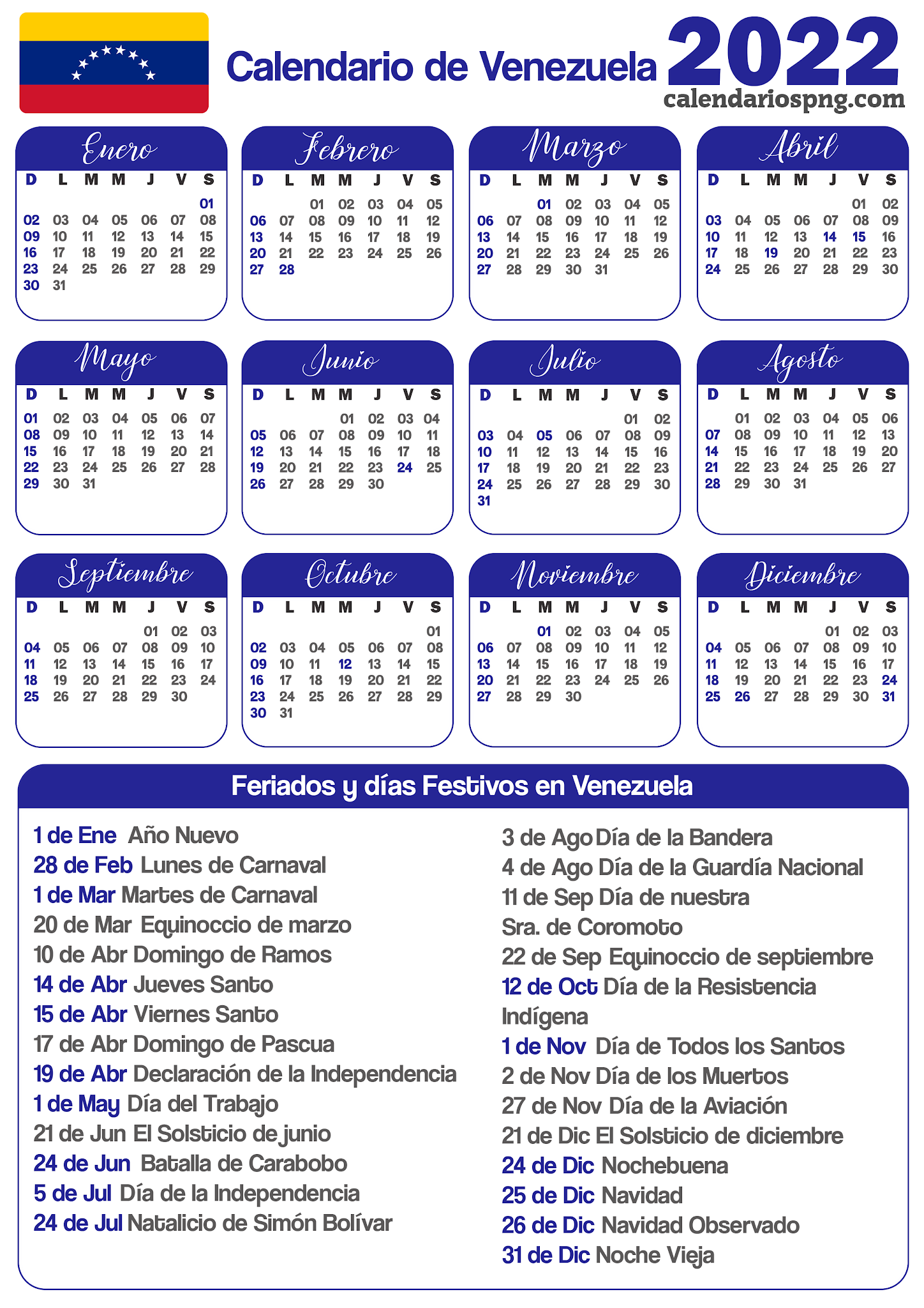 Calendario 2022 Venezuela Para Imprimir Pdf Imagesee