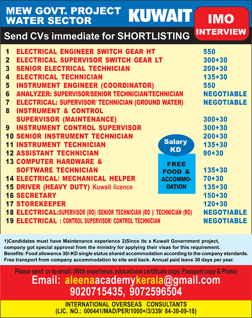 KUWAIT JOBS REQUIRED FOR MEW GOVT PROJECT IN KUWAIT