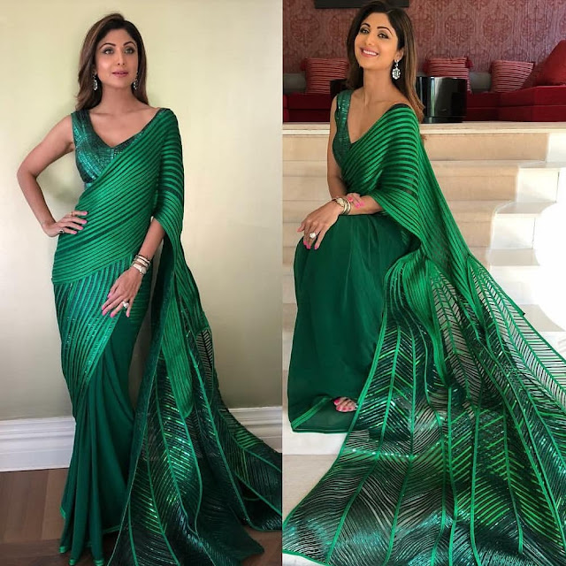 Shilpa Shetty in a Green Sari by Amit Aggarwal