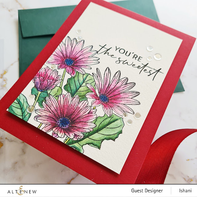 Altenew Paint a flower - African Daisy, Daisy card, CAS floral card, watercolored daisies, Guest designer Ishani, Altenew floral stamps, Quillish